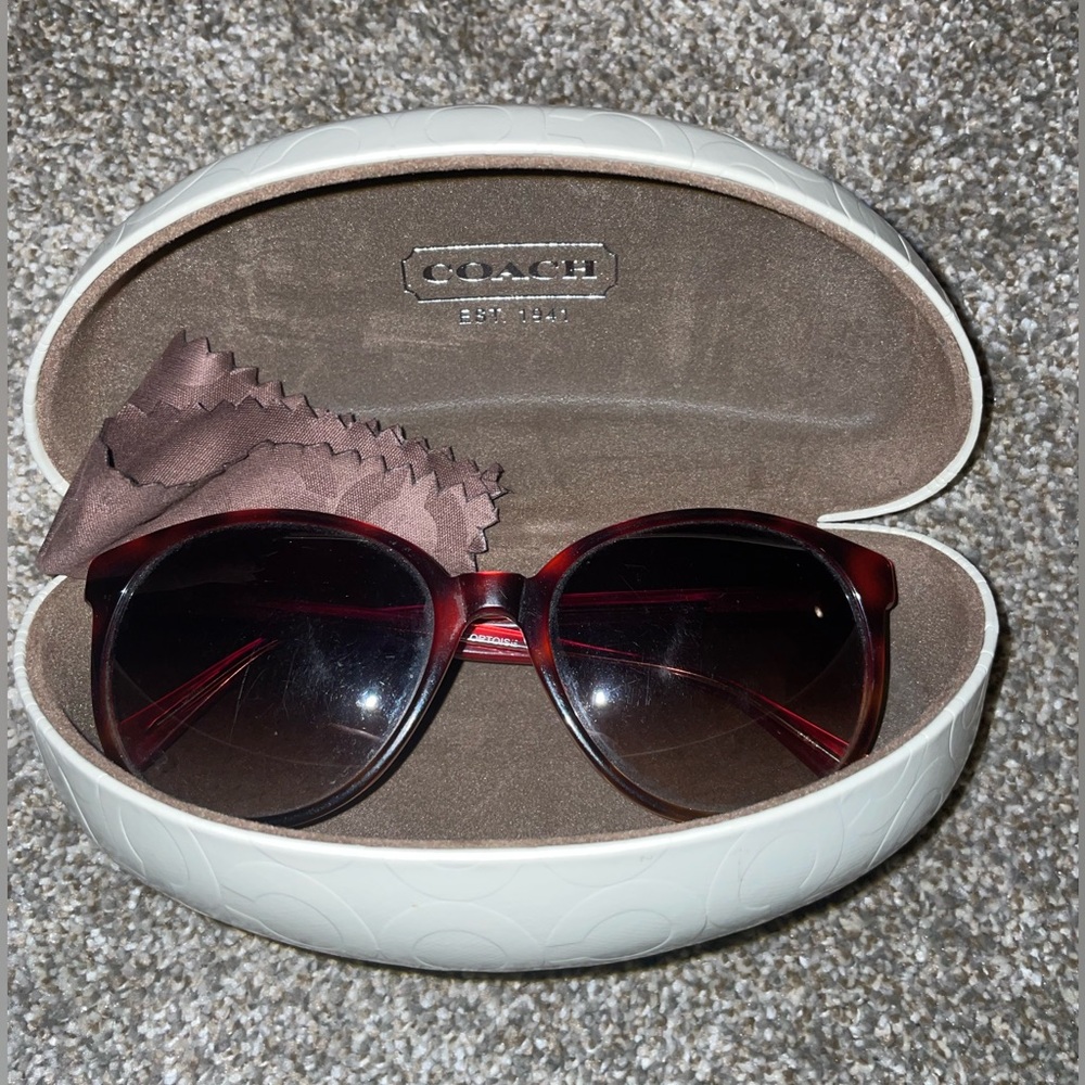Tortoise Shell Coach Sunglasses with White Case and Brown Cleaning Cloth